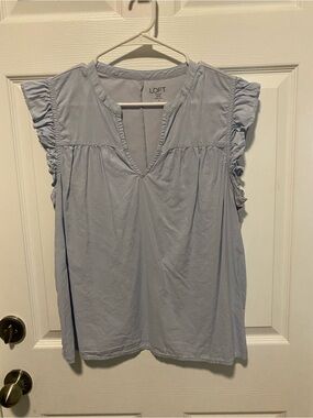 LOFT Pale Blue Ruffle Sleeve Split-Neck Blouse